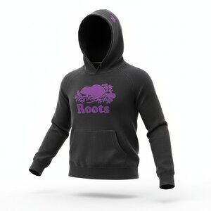 ROOTS Black Pull Over Hoodie Purple Felt Beaver Logo Kangaroo Pocket Size Medium